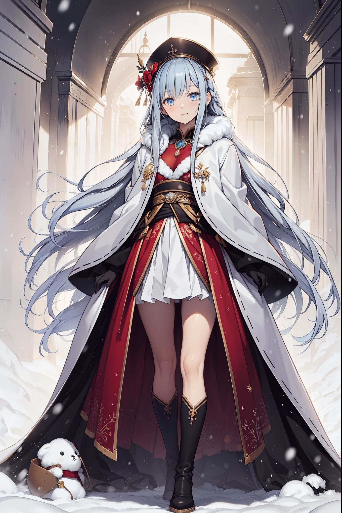 saint，Holy， Have Fun ，gentle，(Military coat:1.1)，Boots，Long gloves，(cotton coat )，(Winter hat:1.3)，( lots of plush :1.1)，down jacket，(Silver Hair:1.1)， blue eyes，( lots of decorations made of ice:1.1)， light grey edging ，Light pattern ，Holy主题，Maximalism，Ruffles，Lace，Exquisite embroidery， Exquisite Patterns ，( Exquisite clothing )， background is a cold country ， Alone ， beautiful detailed face ，(heavy snow:1.1)，Obsessed