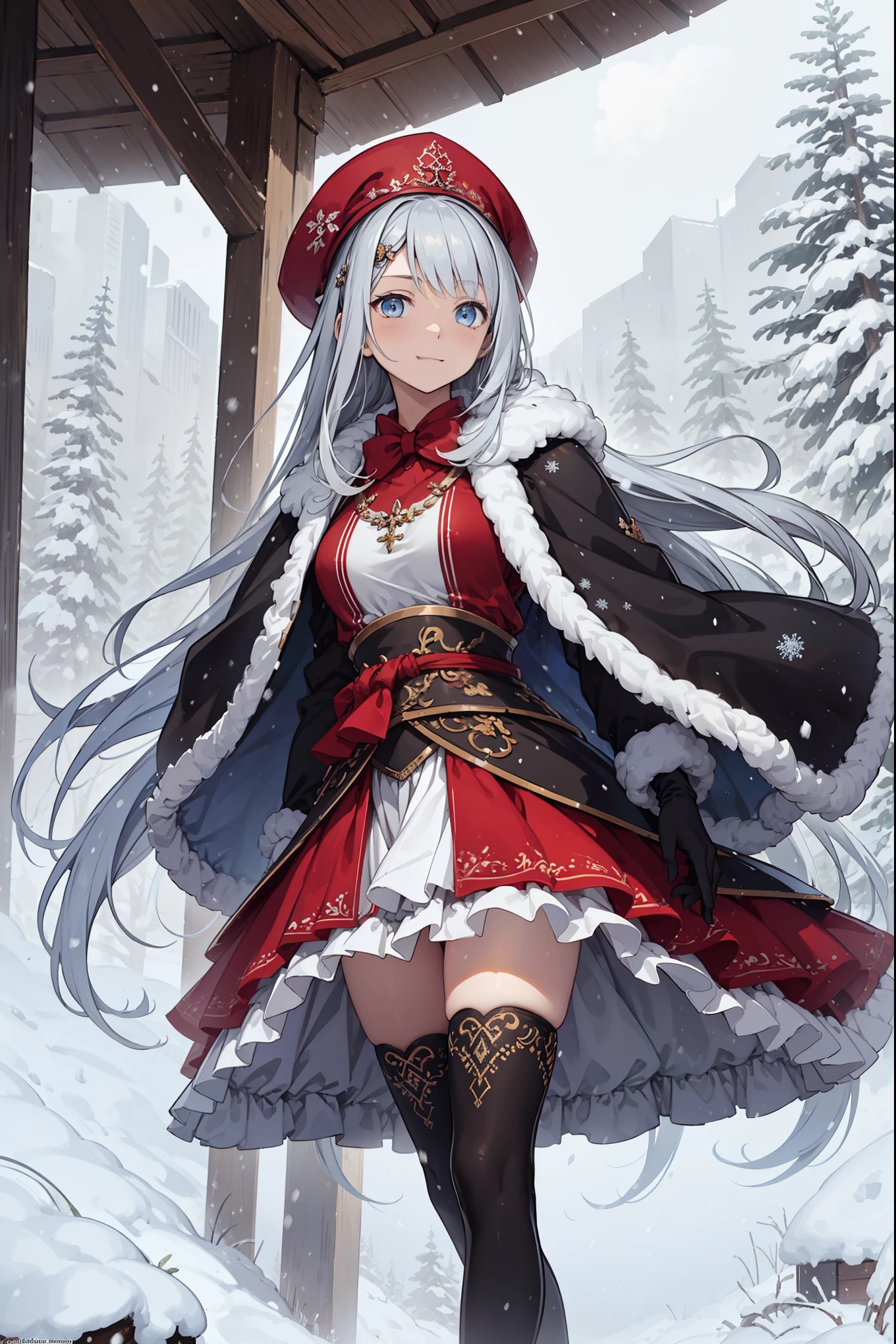 saint，Holy， Have Fun ，gentle，(Military coat:1.1)，Boots，Long gloves，(cotton coat )，(Winter hat:1.3)，( lots of plush :1.1)，down jacket，(Silver Hair:1.1)， blue eyes，( lots of decorations made of ice:1.1)， light grey edging ，Light pattern ，Holy主题，Maximalism，Ruffles，Lace，Exquisite embroidery， Exquisite Patterns ，( Exquisite clothing )， background is a cold country ， Alone ， beautiful detailed face ，(heavy snow:1.1)，Obsessed