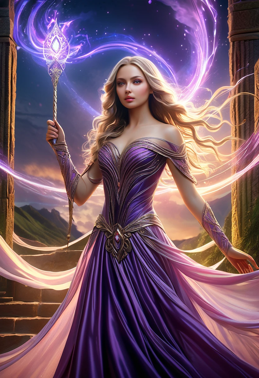 ( better quality,4K,8 k, high definition ,masterpiece:1.2),super detailed,( realistic ,photo realistic ,photo- realistic :1.37),  beautiful young with long flowing hair ,  elegant long sexy dress incredibly beautiful,  magic and mystical aura , (intricate magical effects:1.4), (glowing magical energy:1.5), detailed fantasy landscape with , and magic al ruins,  cinematic lighting ,  dramatic angles , purple magic smoke  ( better quality,4K,8 k, high definition ,masterpiece:1.2),super detailed,( realistic ,photo realistic ,photo- realistic :1.37),fantasy, magic, highly detailed magical girl beautiful detailed eyes,  beautiful detailed lips ,  extremely detailed eyes and face ,  long lashes,  dramatic lighting ,  cinematic composition ,  dynamic pose , stunning colors,  digital painting , Beautiful purple eyes, magic wand,  A slender tall girl 