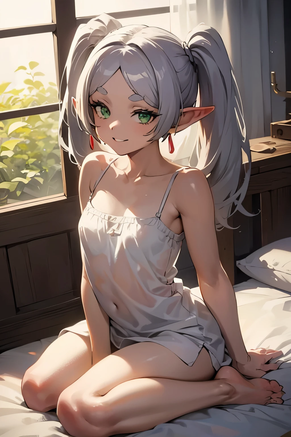 indoors, inn, medieval room, 1girl, solo, frieren, green eyes, grey hair, twintails, thick eyebrows, pointy ears, earrings, camisole, short white camisole, straps, spaghetti straps, collarbone, flat chest, looking at viewer, head towards viewer, eyes half-open, bare shoulders, bare arms, bare legs, smile, smug, full body shot, sexy pose