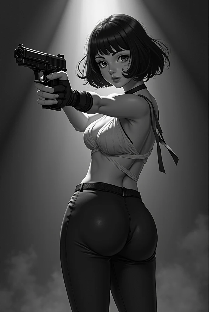 1girl, monochrome, solo, greyscale, weapon, breasts, underwear, panties, gun, short_hair, ass, holding, holding_weapon, handgun, looking_at_viewer, medium_breasts, blinds, holding_gun, cowboy_shot, bob_cut, bangs, backlighting, standing, lace, from_side, underwear_only, closed_mouth, pasties