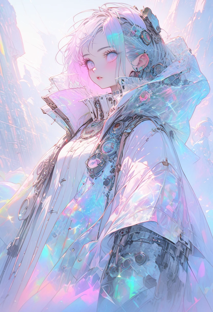 best quality, super fine, 16k, incredibly absurdres, extremely detailed, kaleidoscope of (cyberpunk:0.5), steampunk, dieselpunk, and clockpunk, with a beautiful creator god at its center, variety of visual styles that combine various artistic elements like a sparkling iridescent pastel and vivid colors