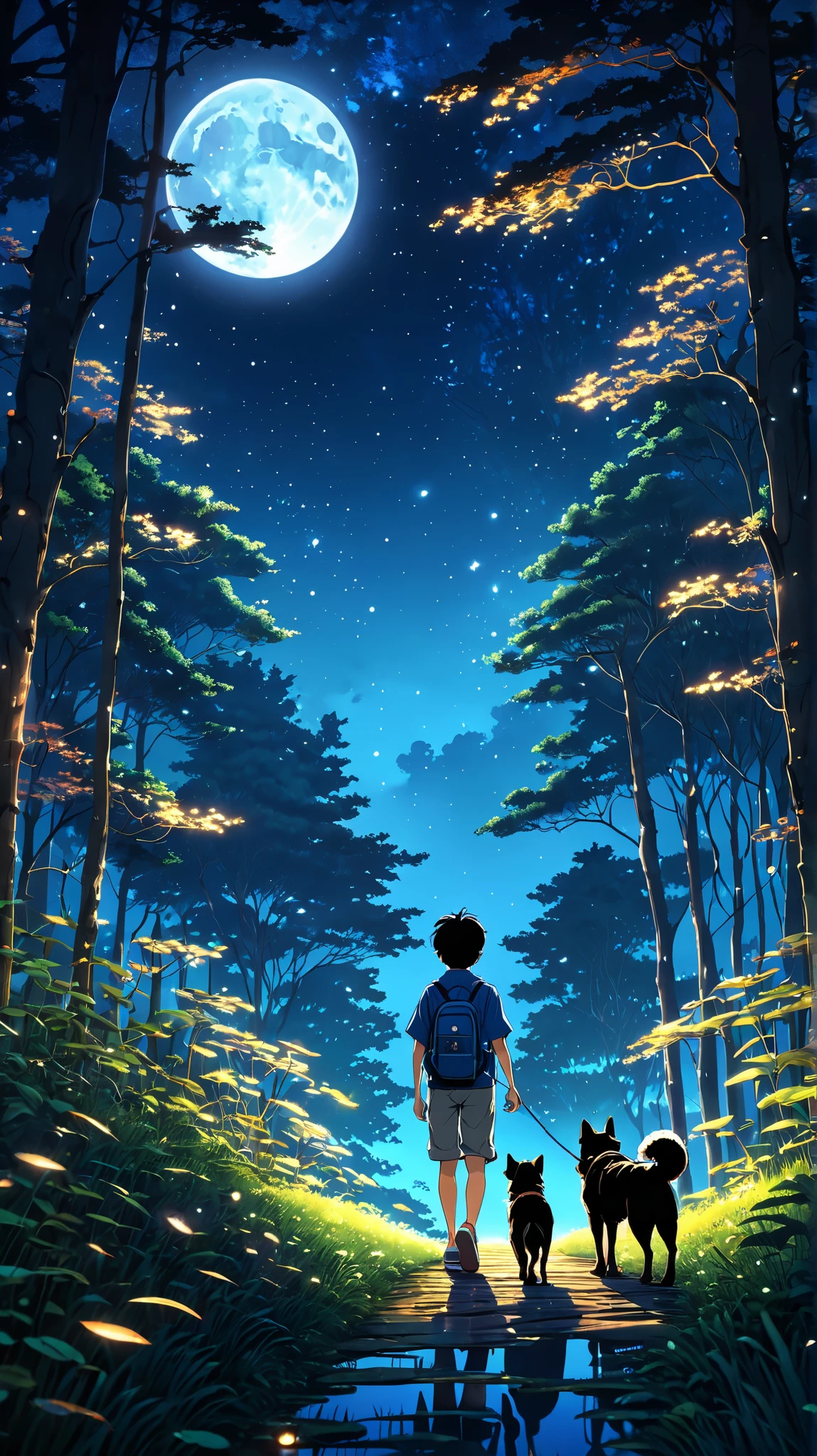 "High quality, 8k ultra HD, great detail, masterpiece, an anime style digital illustration, anime landscape of a boy with his dog walking through a forest at night. The full moon lighting up the sky. , while tall trees with leaves create soft shadows. Fireflies float in the air, creating a magical and serene scenery. Amazing wallpaper, anime art, detailed night background, Makoto Shinkai and Cyril Rolando style, a beautiful anime art wallpaper, landscape. calm in a nighttime atmosphere.”