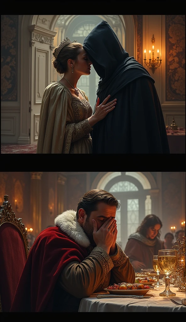 Two boys dressed as princes kissing . with the following characteristics. a bearded bald man 1.59 tall Other shaved hair 1.83 tall light brown