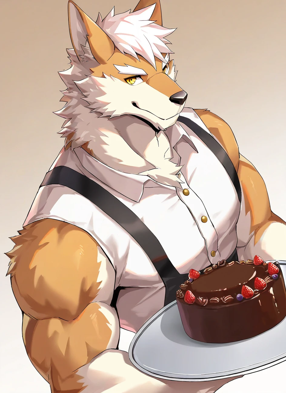 1boy,wolf,furry,white fur,white hair,musclar,white tail,white wolf,sitting,cream on face,looking into camera,blush,shy,((completely nude)),naked,white hair,no clothes,eating cake,open mouth,chest muscles,