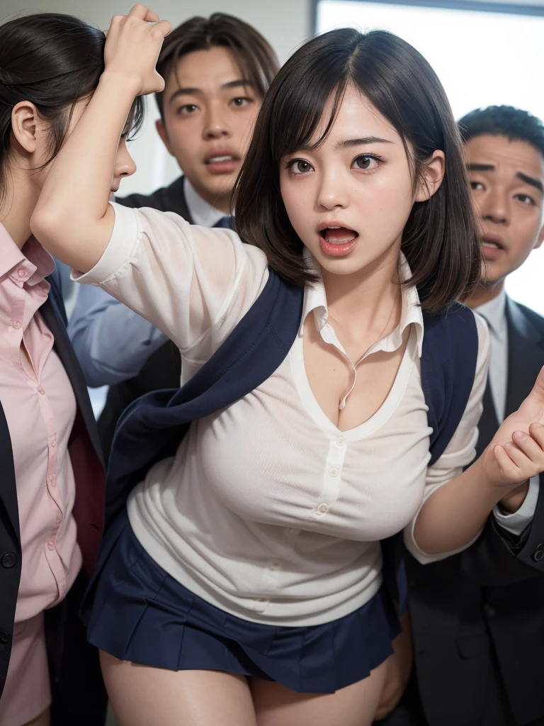 清楚な Japaneseの美人女子学生を物色する中年男性たち,  Female students are suddenly taken off their school uniforms in front of others and their shabby underwear is exposed , Female students who are being watched all at once by the public and horny viewers and screaming ,  Female students who are being humiliated head-on by molester men present and made ashamed faces in competitive underwear, They forcibly attack female students who are ashamed and put up with it in groups :1.3,  nasty men who open their mouths and scream excited by the reaction of the female students ,   female students with their bodies being stimulated by male students, their underwear is wet, and they are in despair due to shame , Short wavy bob hair, Vivid and realistic, blush, Distorted Eyes,  super high resolution, 2k,  clear white skin , 細身の体,  Japanese,  Anatomically Correct 