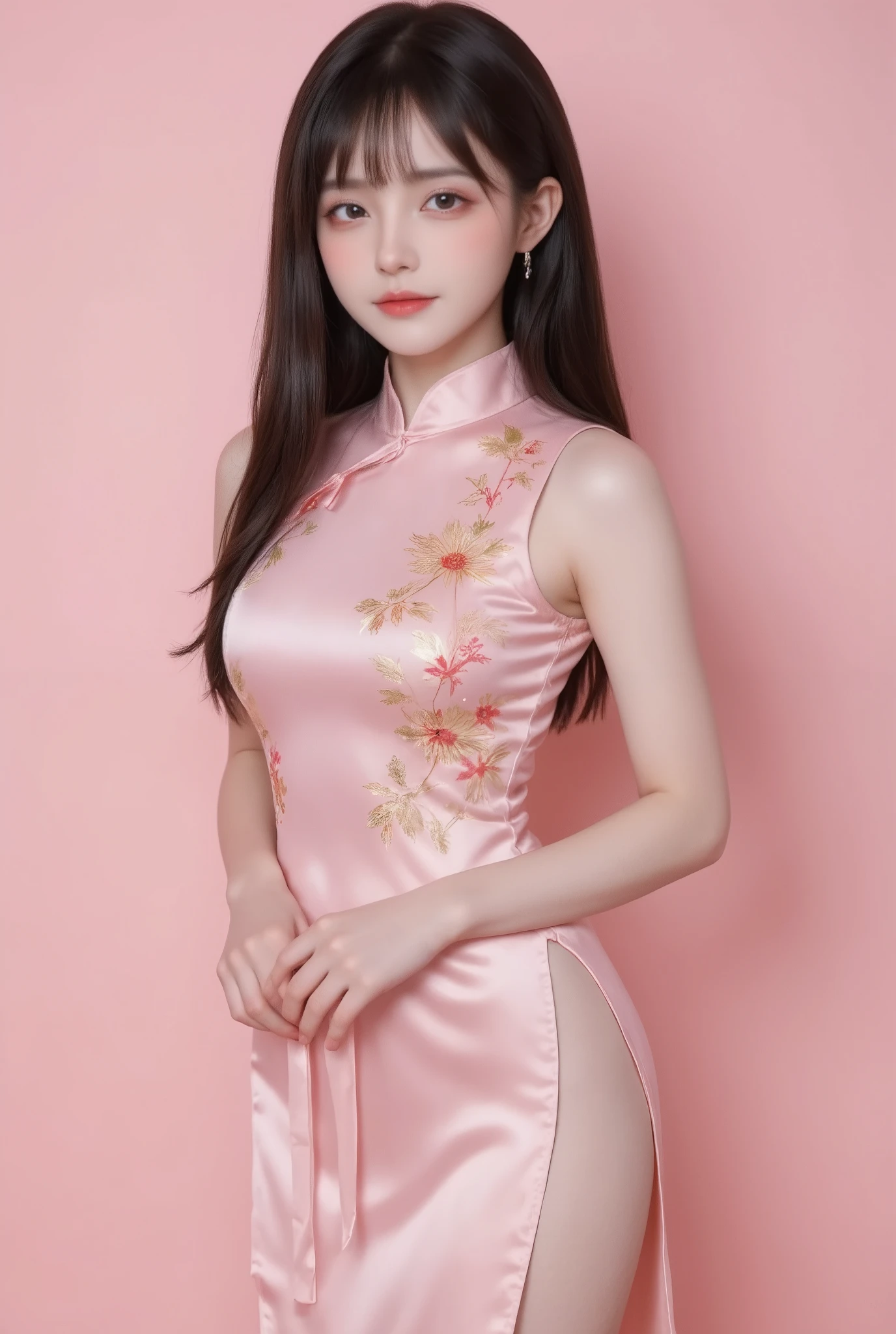 This is a high-resolution, digital photograph featuring an Asian woman with a slender and petite physique, standing against a solid pink background. She has long, straight black hair with bangs and is dressed in a traditional Chinese cheongsam-style dress made of a smooth, pastel pink fabric. The dress features intricate, embroidered floral patterns in shades of gold, red, and orange, adding a touch of elegance and cultural authenticity. The dress is sleeveless and high-necked, with a high waistline that accentuates her small to moderate-sized breasts. The dress also has side slits and is tied at the waist with delicate pink ribbons.

She is wearing matching pink stockings with garters, which are attached to the dress. Her skin tone is fair and smooth, with a subtle glow, suggesting a youthful and healthy complexion. Her facial expression is calm and inviting, with a gentle smile and a hint of makeup that enhances her natural features. The overall aesthetic is soft, feminine, and culturally rich, blending traditional Chinese attire with modern photography techniques. The image exudes a sense of innocence and charm. The lighting is soft and even, minimizing harsh shadows and emphasizing the subject's delicate features. The background is plain pink, ensuring that the subject remains the focal point. The image