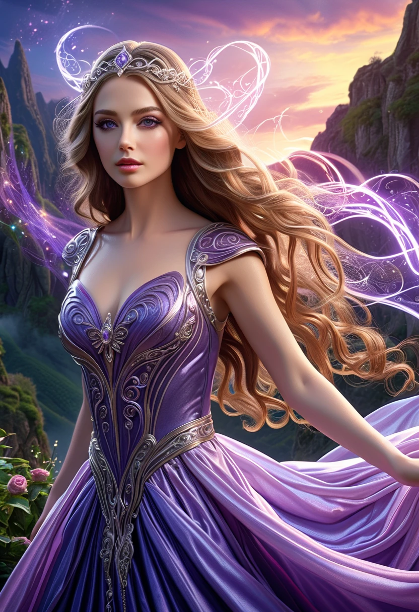 ( better quality,4K,8 k, high definition ,masterpiece:1.2),super detailed,( realistic ,photo realistic ,photo- realistic :1.37),  beautiful young with long flowing hair ,  elegant long sexy dress incredibly beautiful,  magic and mystical aura , (intricate magical effects:1.4), (glowing magical energy:1.5), detailed fantasy landscape with , and magic al ruins,  cinematic lighting ,  dramatic angles , purple magic smoke  ( better quality,4K,8 k, high definition ,masterpiece:1.2),super detailed,( realistic ,photo realistic ,photo- realistic :1.37),fantasy, magic, highly detailed magical girl beautiful detailed eyes,  beautiful detailed lips ,  extremely detailed eyes and face ,  long lashes,  dramatic lighting ,  cinematic composition ,  dynamic pose , stunning colors,  digital painting , Beautiful purple eyes, magic wand,  A slender tall girl 