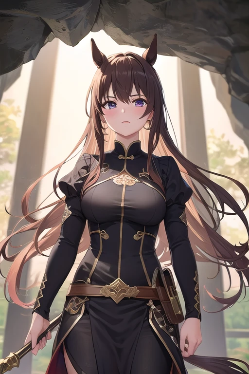Beautiful dukeza with light brown hair, a beautiful long black dress from medieval times, smiling.