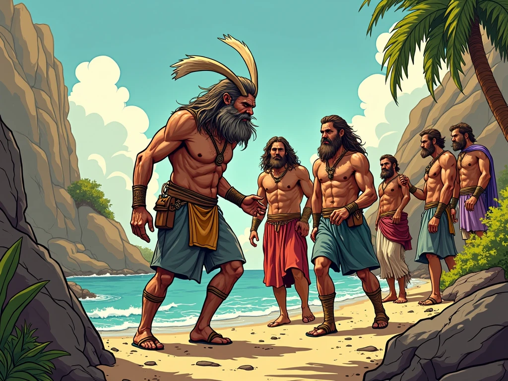 A certain island led by a mature and muscular man with a cane in his hand and around him 10 handsome men of different ages, different skin tones with perfect bodies and loincloths 