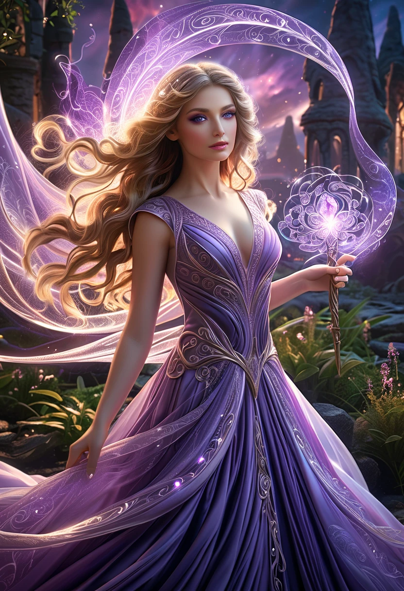 ( better quality,4K,8 k, high definition ,masterpiece:1.2),super detailed,( realistic ,photo realistic ,photo- realistic :1.37),  beautiful young with long flowing hair ,  elegant long sexy dress incredibly beautiful,  magic and mystical aura , (intricate magical effects:1.4), (glowing magical energy:1.5), detailed fantasy landscape with , and magic al ruins,  cinematic lighting ,  dramatic angles , purple magic smoke  ( better quality,4K,8 k, high definition ,masterpiece:1.2),super detailed,( realistic ,photo realistic ,photo- realistic :1.37),fantasy, magic, highly detailed magical girl beautiful detailed eyes,  beautiful detailed lips ,  extremely detailed eyes and face,  long lashes,  dramatic lighting ,  cinematic composition ,  dynamic pose , stunning colors,  digital painting , Beautiful purple eyes, magic wand,  A slender tall girl 