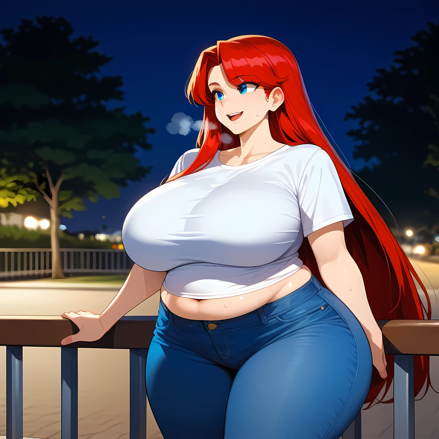 score_9, score_8_up, score_7_up, score_6_up,1girl, huge breasts, jeans, denim, white shirt, long hair, blue pants, red hair, curvy, thick thighs, blue eyes, wide hips, short sleeves, night, railing, t-shirt, smile, looking to the side, outdoors, hair intakes, blurry background, closed mouth, sweat, collarbone fat, chubby, obese, gigantic arms and legs, large breasts open mouth, out of breath