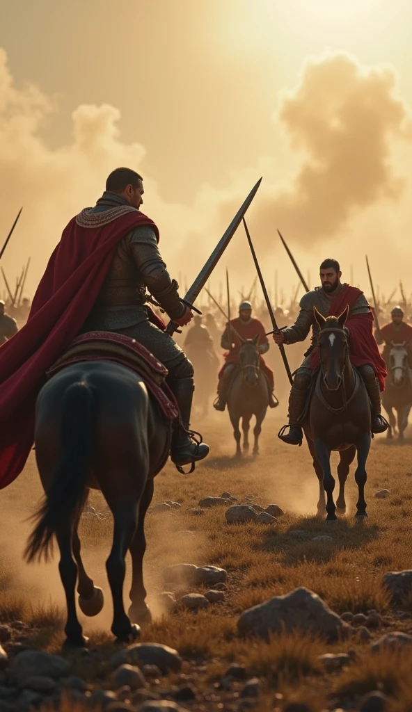A representation of the epic Battle of Pharsalus, with Julius Caesar's legions clashing with Pompey's forces. The image must capture the chaos and intensity of the battle, with Roman soldiers in formation, banners in the wind and Caesar leading his troops with determination.