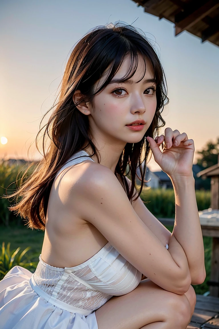((pure beauty:0.8, ultra-realistic:1.2)), caucasian flesh:1.2, bright eyes:1.1), light contrast and hue:1.1, high surface:1.1, image quality:ultra hd:1, portrait, high nose bridge, dynamic angle, clouds and sea, field of flowers in the foreground, light tracking, lifelike, informal art, unity 8k, masterpiece,best quality, gleaming skin, cinmatic lighting,