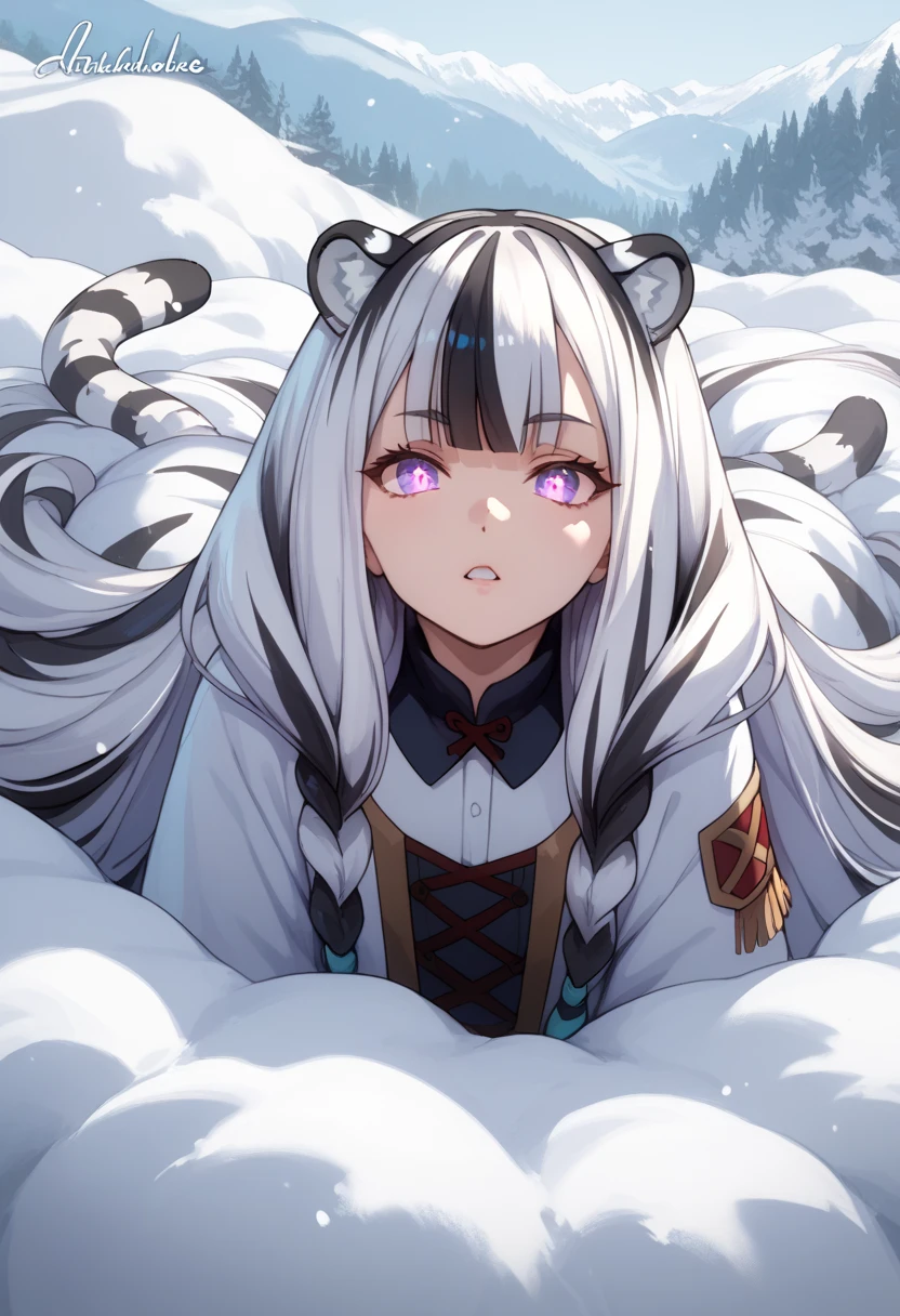 ((masterpiece)), 1girl, solo, long hair, white tiger ears, white tiger tail, open eyes, purple eyes, glowing eyes, sink in snow pile, head poking out of snow pile, white hair, black hair, multicolored hair, only head poking out of snow pile, much of snow. 