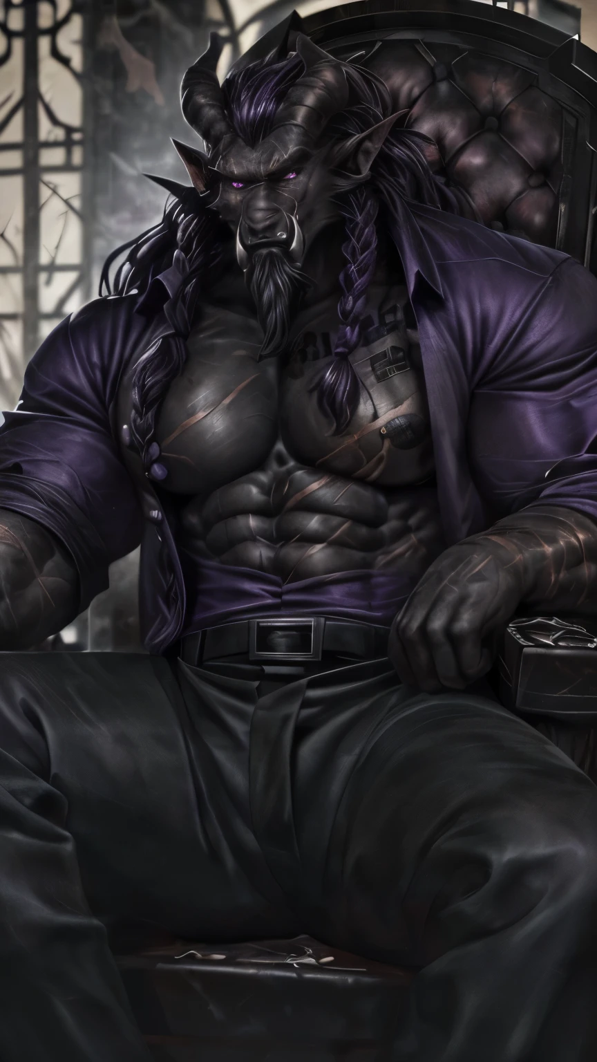 ((giant purple tiefling)), (black-ish purple long hair), ((braided long hair)), (tied up hair), ((long big jagged purple krampus horns)), ((long white tusks)), ((scars everywhere)), (((black tattoos all over))), ((hyper bara, extremely muscular and veiny)), ((muscular body)), (thin waist), (( big arms, big torso)), ((hyper bara)), ((purple eyes)) muscular ( masterpiece, 8k, intricate artwork, hyper detailed, high detail), ((((wearing black navy formal suit)))), daylight lighting, (sitting down at desk), sweat and steam, (((full body in view))), (muscular legs), (((dynamic posing)), ((Dark black purple skin)), (((sharp jawline))), (((scars and tattoos on body)), gothic grey rich office background, ((sleek black pants)), (((purple dress shirt with rolled up sleeves))), (((sitting on throne chair))), ((purple dress shirt with buttons opened))