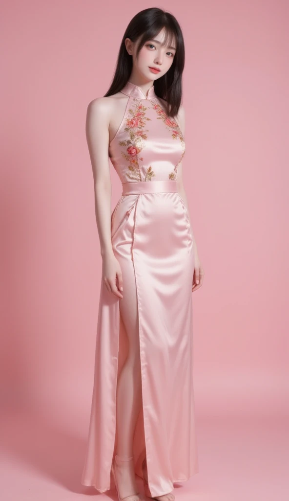 This is a high-resolution, digital photograph featuring an Asian woman with a slender and petite physique, standing against a solid pink background. She has long, straight black hair with bangs and is dressed in a traditional Chinese cheongsam-style dress made of a smooth, pastel pink fabric. The dress features intricate, embroidered floral patterns in shades of gold, red, and orange, adding a touch of elegance and cultural authenticity. The dress is sleeveless and high-necked, with a high waistline that accentuates her small to moderate-sized breasts. The dress also has side slits and is tied at the waist with delicate pink ribbons.

She is wearing matching pink stockings with garters, which are attached to the dress. Her skin tone is fair and smooth, with a subtle glow, suggesting a youthful and healthy complexion. Her facial expression is calm and inviting, with a gentle smile and a hint of makeup that enhances her natural features. The overall aesthetic is soft, feminine, and culturally rich, blending traditional Chinese attire with modern photography techniques. The image exudes a sense of innocence and charm. The lighting is soft and even, minimizing harsh shadows and emphasizing the subject's delicate features. The background is plain pink, ensuring that the subject remains the focal point. The image