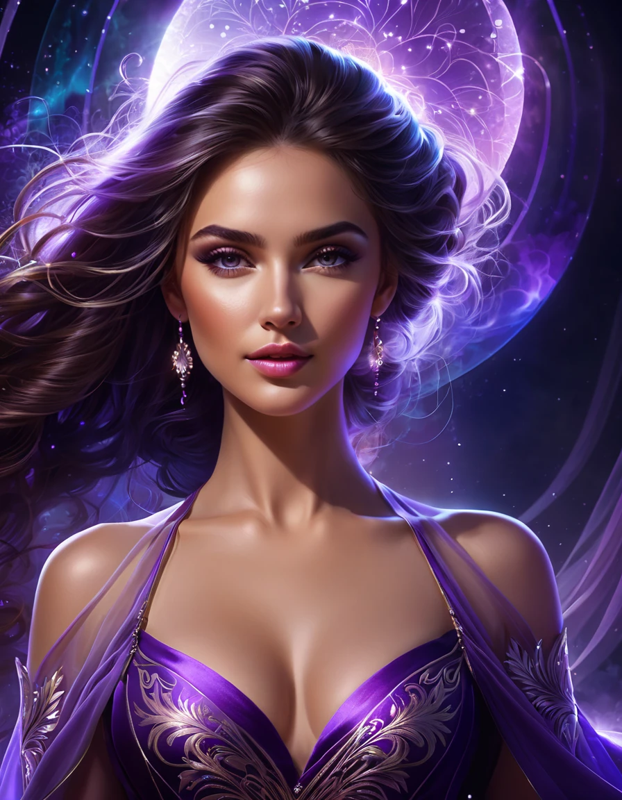 A italian girl, Best quality at best, (A smile brightened her face), close up, Background: Starry sky and zodiac signs, Purple hues like nebulae, Vast space, Award-Awarded, (high detal), Sharp, 8K, Popular topics on artstationh, iintricate, (Best quality at best,4K,8K,A high resolution,tmasterpiece:1.2),ultra - detailed,(actual,photoactual,photo-actual:1.37)