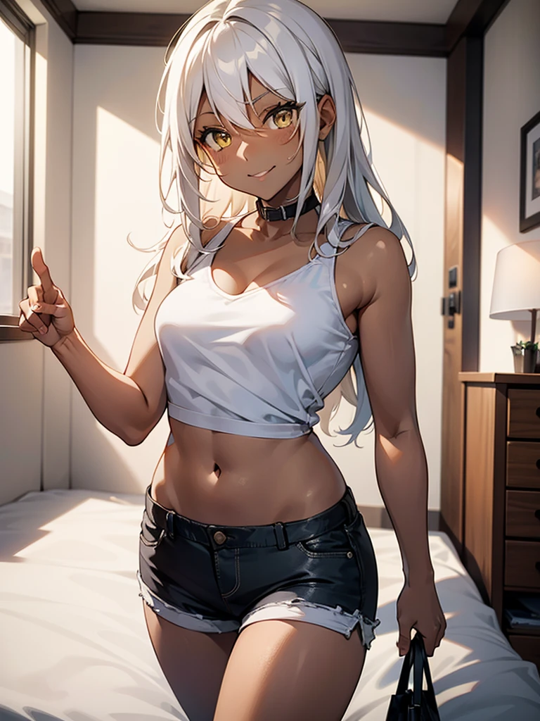 (​masterpiece、top-quality、hight resolution、Unity 8k、extremely details CG:1,Best Picture), Grey hair, yellow eyes,((((dark skin)))), 1girl, A cheerful, smiling, jovial and slightly mischievous young woman standing in a cosy hotel room at night. She wears casual but slightly revealing clothes - a fitted top and shorts - and has a playful style. She carries a small shopping bag in her hand containing necessities such as a water bottle and a box of condoms, which she plays with by pointing at them with a teasing expression on her face. The room is decorated with a neatly made-up bed, soft lighting and warm tones, creating a casual yet intimate atmosphere. The setting is light and fun, capturing a moment of playfulness before sexual activity