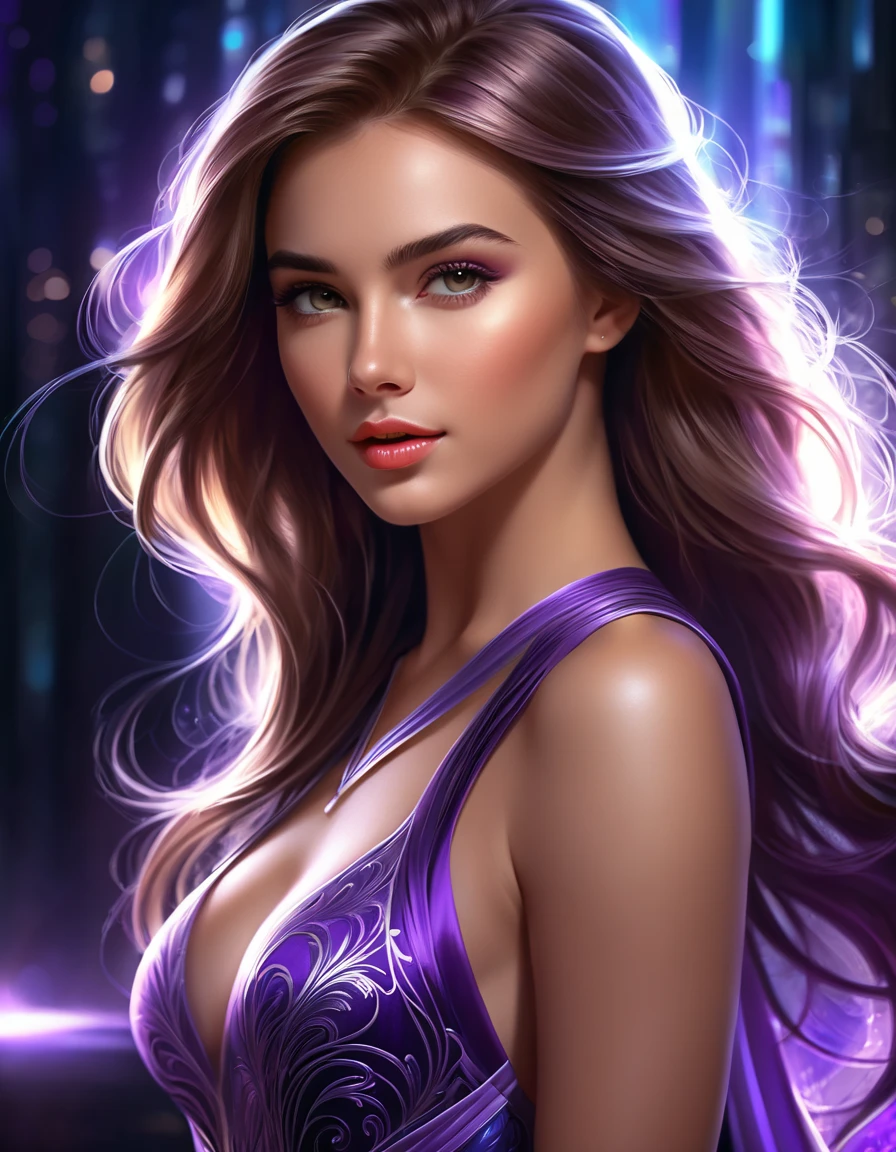 Lucy Pinder, portrait, face portrait, smiling, voluptuous, red lips, ponytail, brown hair, cleavage, ((purple dress with sequins)).