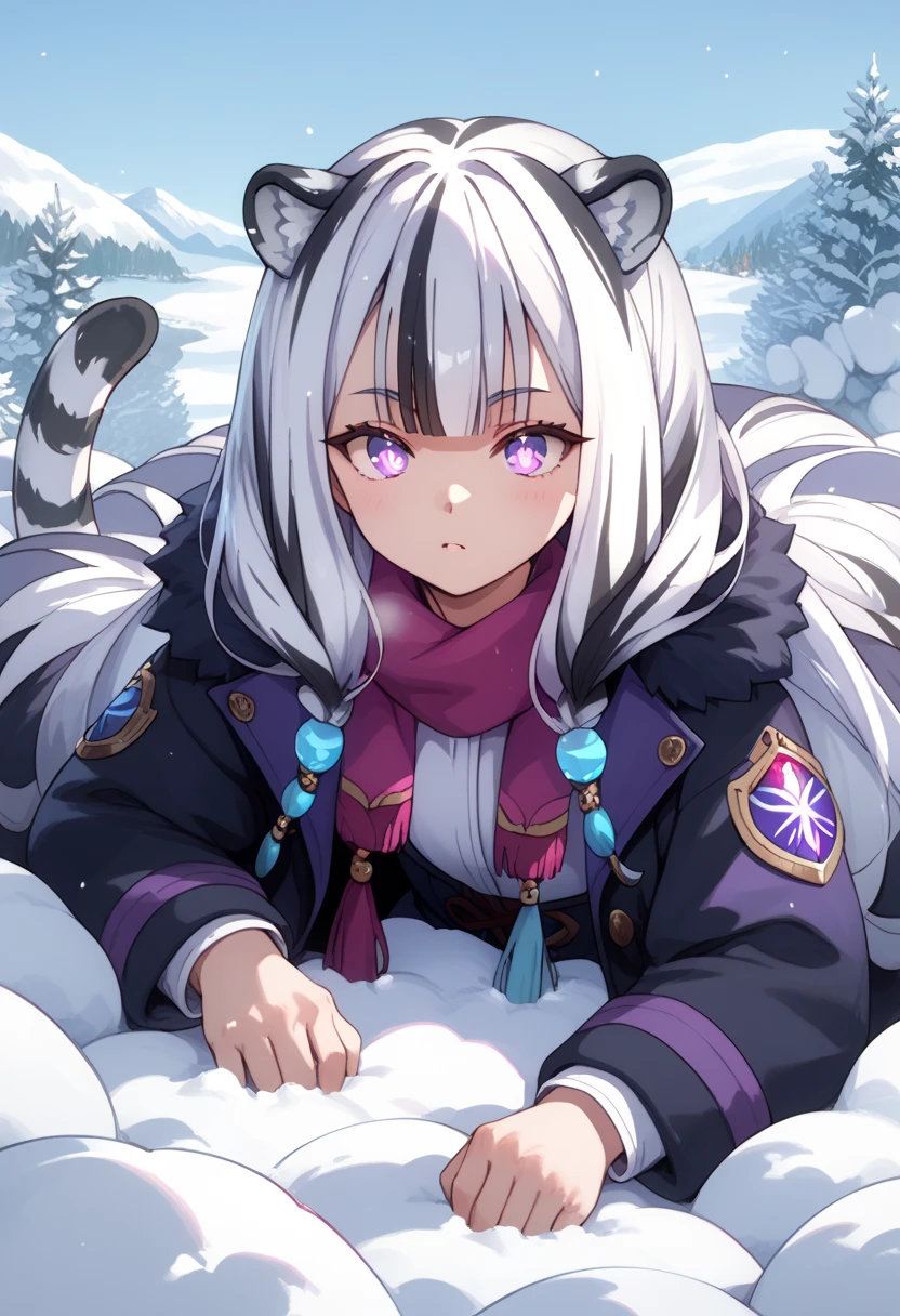 ((masterpiece)), 1girl, solo, long hair, white tiger ears, white tiger tail, open eyes, purple eyes, glowing eyes, sink in snow pile, head poking out of snow pile, white hair, black hair, multicolored hair, only head poking out of snow pile, much of snow, purple coat, black coat, multicolored coat.