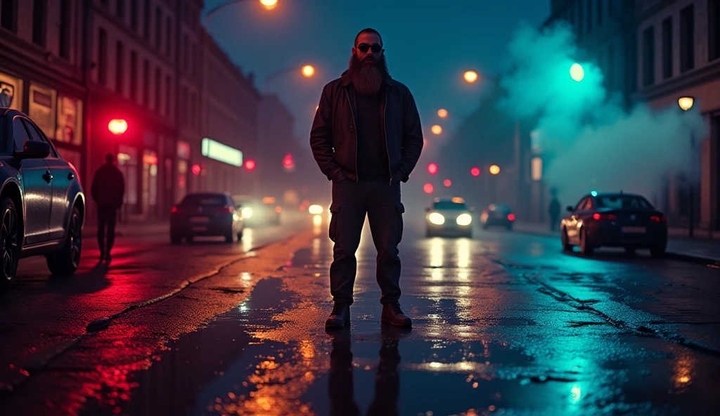 ((masterpiece)) ((photography)) ((Highest quality)) A bearded man wearing sunglasses stands in a wet street after a heavy rainstorm. A large puddle of water forms on the ground in front of him. The man exhales a thick cloud of vapor, with smoke visibly coming from his mouth. Reflections of car lights and the man's silhouette shimmer on the surface of the puddle, adding a moody and atmospheric vibe to the scene. The rain has left the street glossy, with the lights casting colorful reflections across the wet pavement.