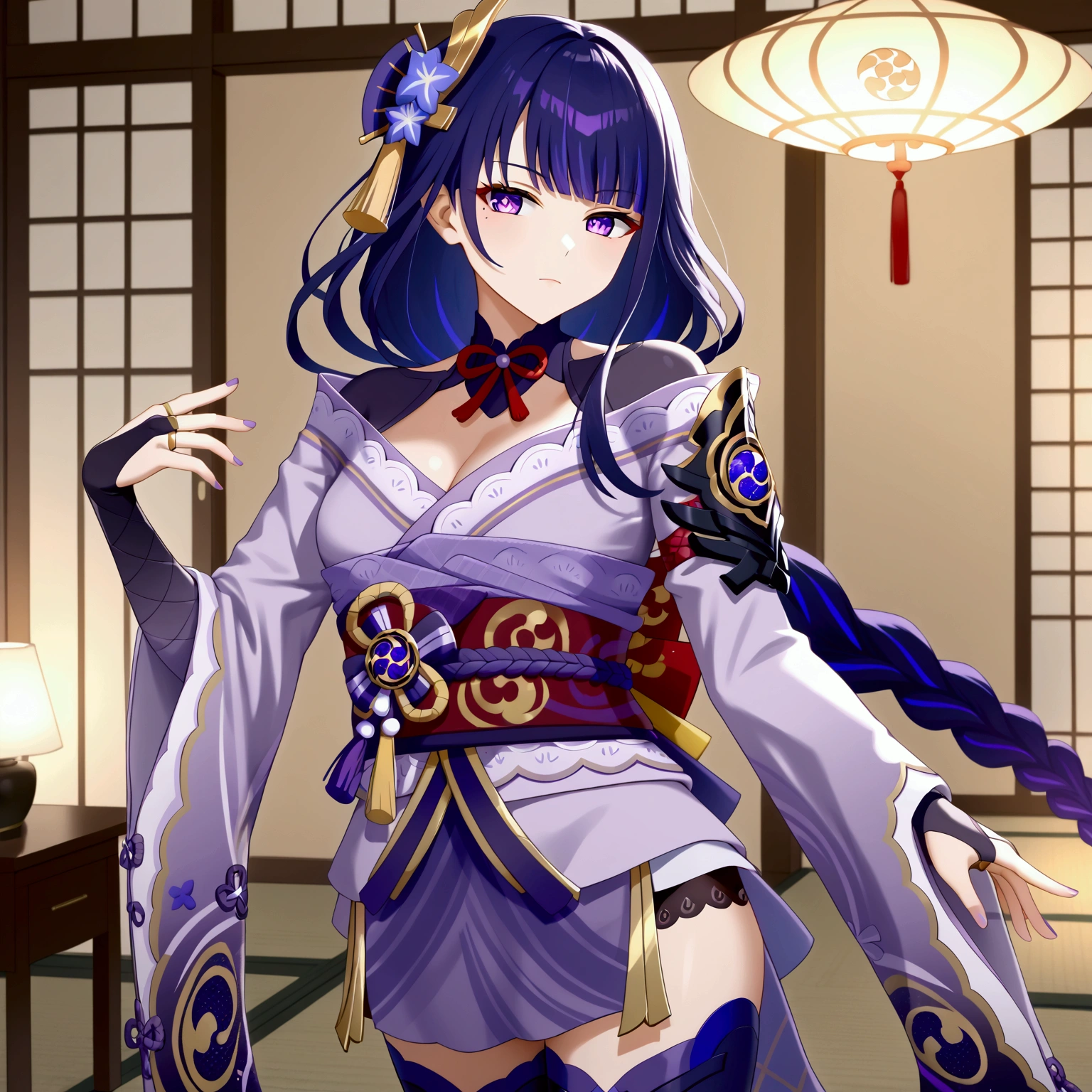 raiden_shogun_ckxl, long hair,streaked hair,two-tone hair,sidelocks,hair ornament,highres,blunt bangs,bridal gauntlets,long sleeves,low ponytail,short kimono,shoulder armor, stand, Confident pose, Room, Displeased face, Beautiful view, good atmosphere