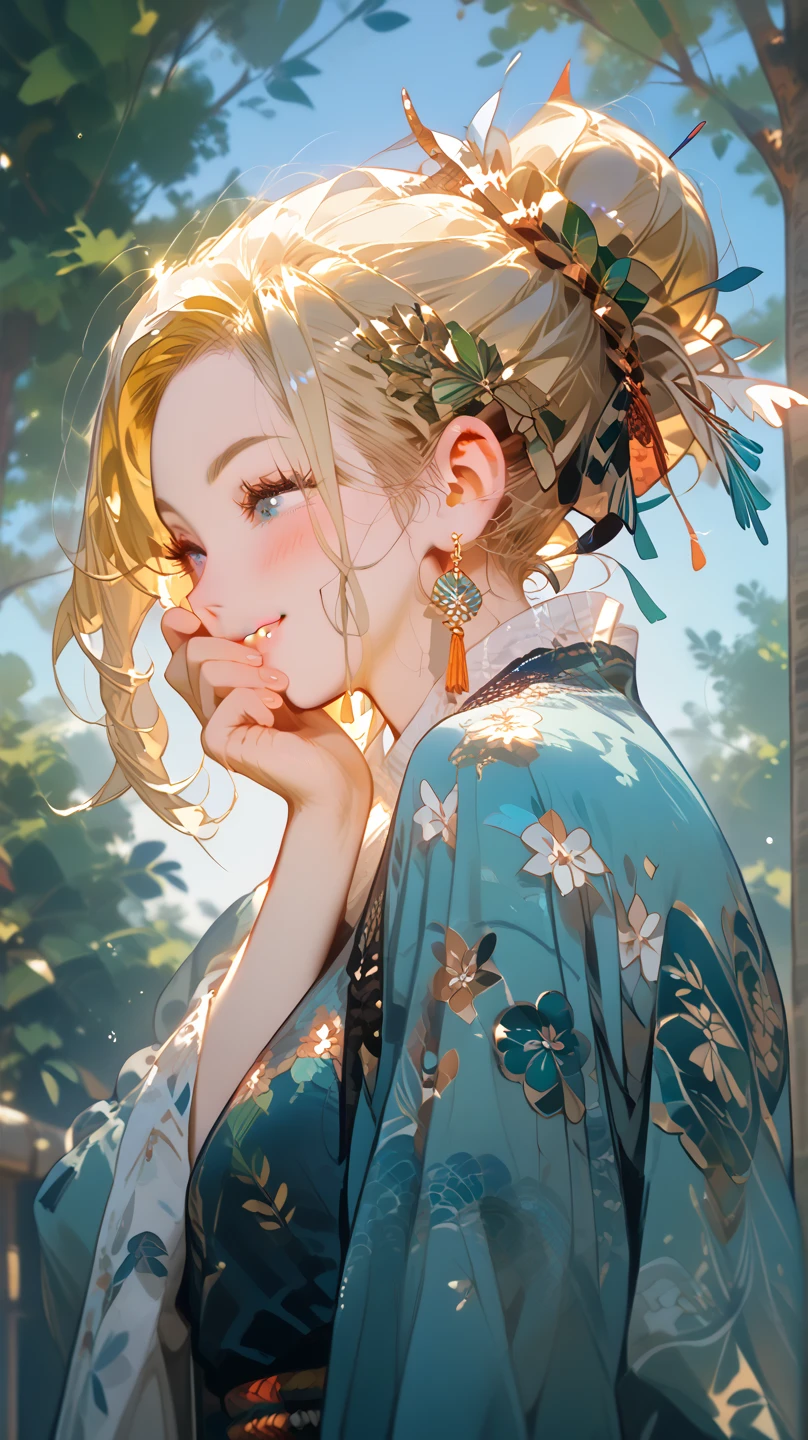 1girl, HD, Accurate, High Resolution, Best Quality, Blonde Hair, Hair Bun, Earrings, Blush, Covering Mouth, Smile, From Side, japannese clothes, skura tree , beattfule sky,