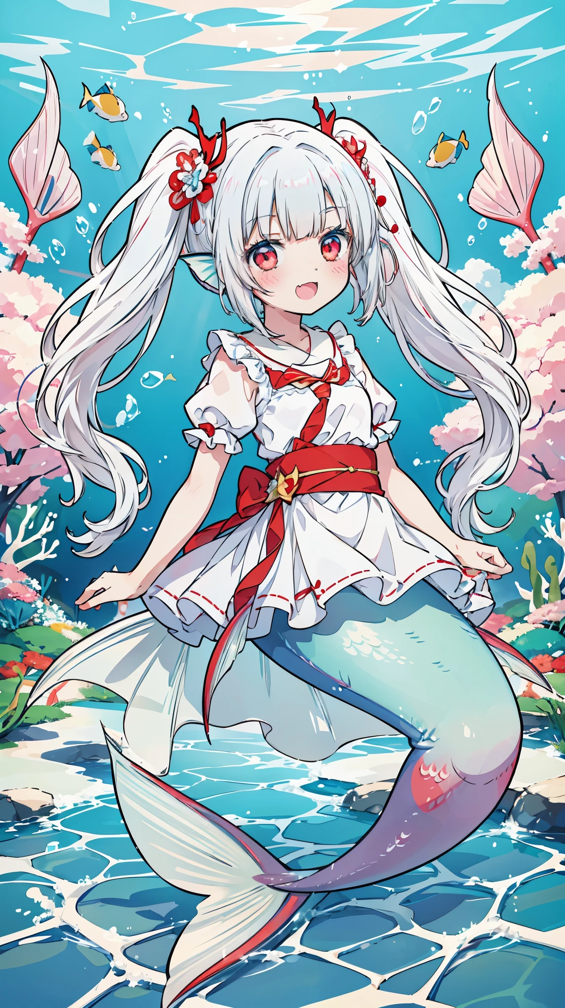 (masterpiece, Best quality),(Full five fingers), a girl , red eyes, white hair ,Twin ponytails,Hair accessories,Head fin, Alone ,Mermaid,白色的Mermaid尾巴,Full body photo,Smile,(Underwater:1.2),charming face(Kawaii, charming,Soft),Open your mouth,Sing