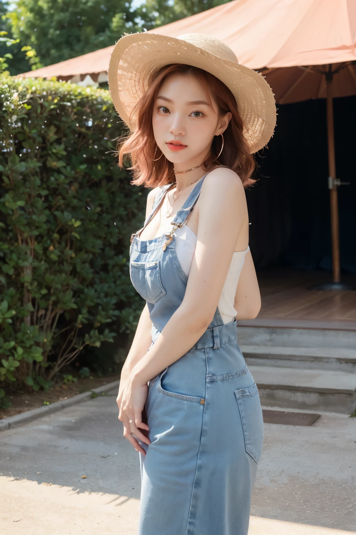 absurdres, RAW photo, extremely delicate and beautiful, masterpiece, Best Quality, ultra high resolution, 32k, hyperrealistic, ultra-detailed, perfect anatomy, perfect figure, super Detailed skin, 20 years old, very Slim body, narrow waist, very small head, very small face, delicate facial features, tearful mole, earring, thin legs, bare legs, ((very huge round breasts)), short medium hair, ((wavy hair)), wet clothes, straw hat, gray overalls, inner white shirt,