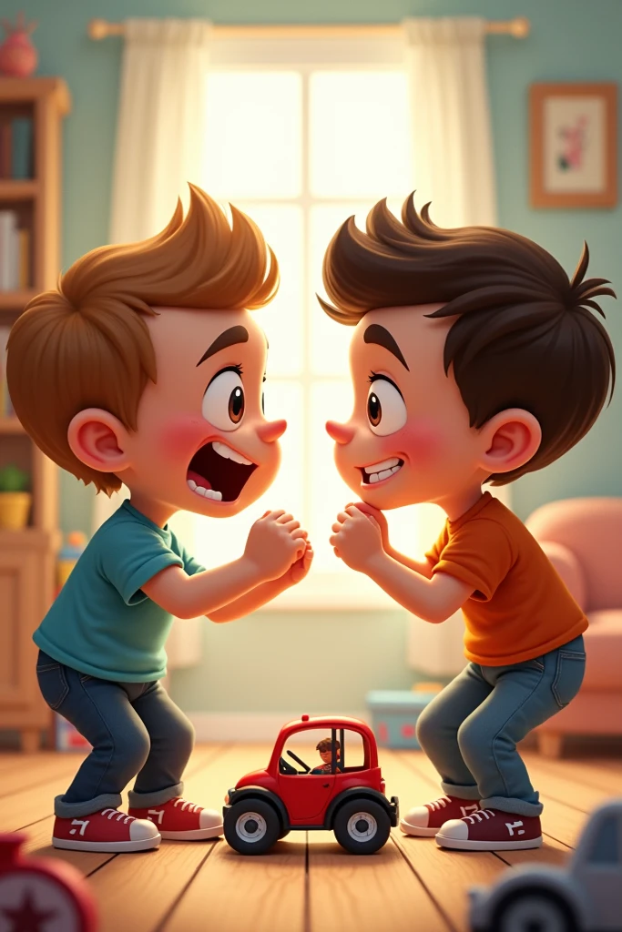 Twins cartoon boy of five years old. They quarrel with each others