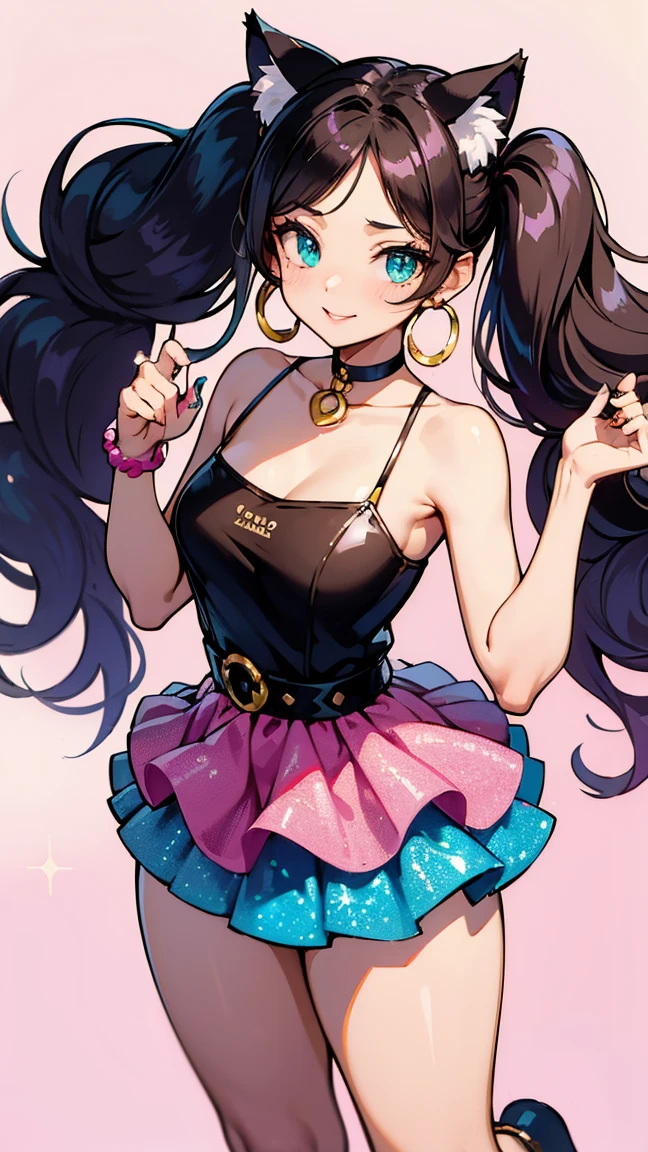 ​(risograph) simple background, brown hair, twintails, parted bangs, circlet, jewelry, earrings, choker, Cum en el cuerpo, upper body, ((sequin clothes)), abstract background, cat ears, cat girl, cat ears, neko girl, happy, smile, cat ears Hair Ornament, fox ears, thighs up, teal and pink dress, full lips, big lips, High Resolution, High Details, full body 