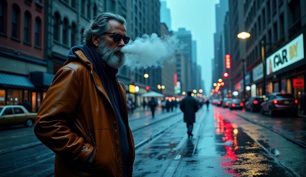 ((masterpiece)) ((photography)) ((Highest quality)) A bearded man wearing sunglasses stands in a wet street after a heavy rainstorm. A large puddle of water forms on the ground in front of him. ((The man exhales a thick cloud of vapor)), with ((smoke visibly coming from his mouth)). Reflections of car lights and the man's silhouette shimmer on the surface of the puddle, adding a moody and atmospheric vibe to the scene. The rain has left the street glossy, with the lights casting colorful reflections across the wet pavement.