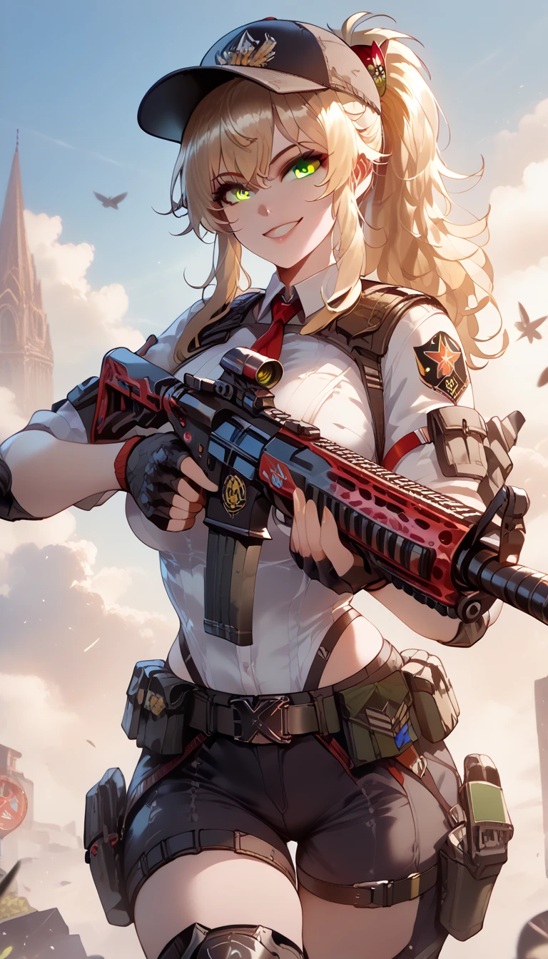 ultra-detailed, 1girl, (\xiao gong\), ((masterpiece)), (best quality), (highres), 16K, blonde hair, ponytail, hair ornament, yellow eyes, cap, wearing tactical clothes, tactical belt, black thong, knee pads, (holding assault rifle), busty body, large breasts and a beautiful ass, showcasing cleavage, legs, hips, looking at viewer, smiling, detailed face, detailed hair, detailed whole body, streets background