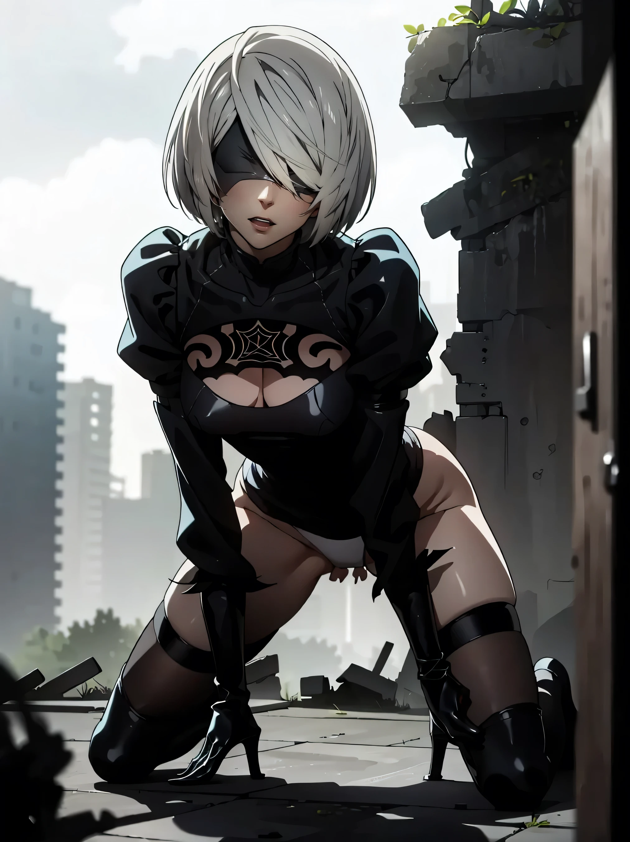 high detail, masterpiece, score_9, score_8_up, score_7_up, source_anime,(beautiful adult woman), blushing, (Yorha 2B),(bob cut hair),blue eyes,(white hair1.15),(black blindfold,2B:1.275),best quality, masterpiece, ultra high res, 8k,(photorealistic:1.5), RAW photo,full body,nsfw,(nakede:1.31),(1 man and 1woman,having sex:1.6350475),(veiny penis,large penis),(POV),medium,(narrow waist:1.1),(large breasts,beautiful breasts:1.3),((pussy juice)),((cum in pussy:1.3)),pale skin,shiny skin,sweat,adult,black background,(projectile cum),(screaming:1.25),(excessive cum),(restrained,hold arms:1.38),(arms raised in the air,straight up:1.45),(tall),(small nipples,erection of nipple:1.34),((nude)),((cum on breast:1.1)),(rape:1.23)