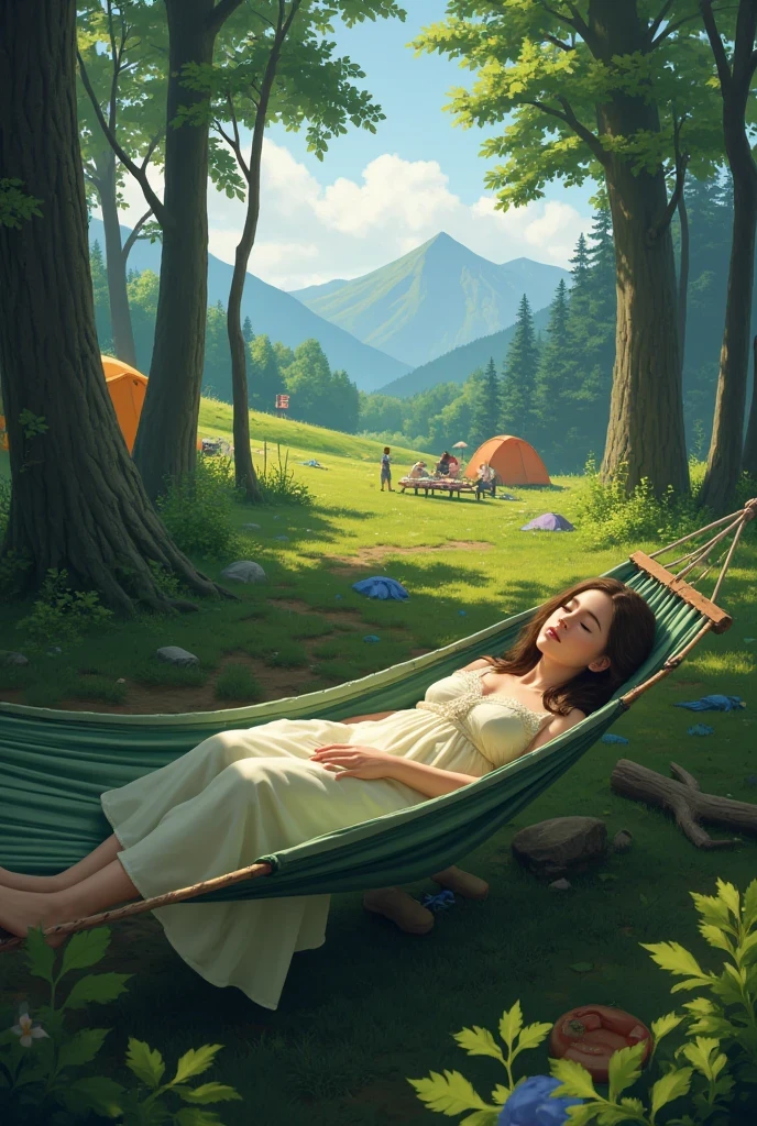 masterpiece, hi-res, girl,sleeping in hammock, nightgown, (travel lady), woods, trees, mounts, tents, picnic, adventure  