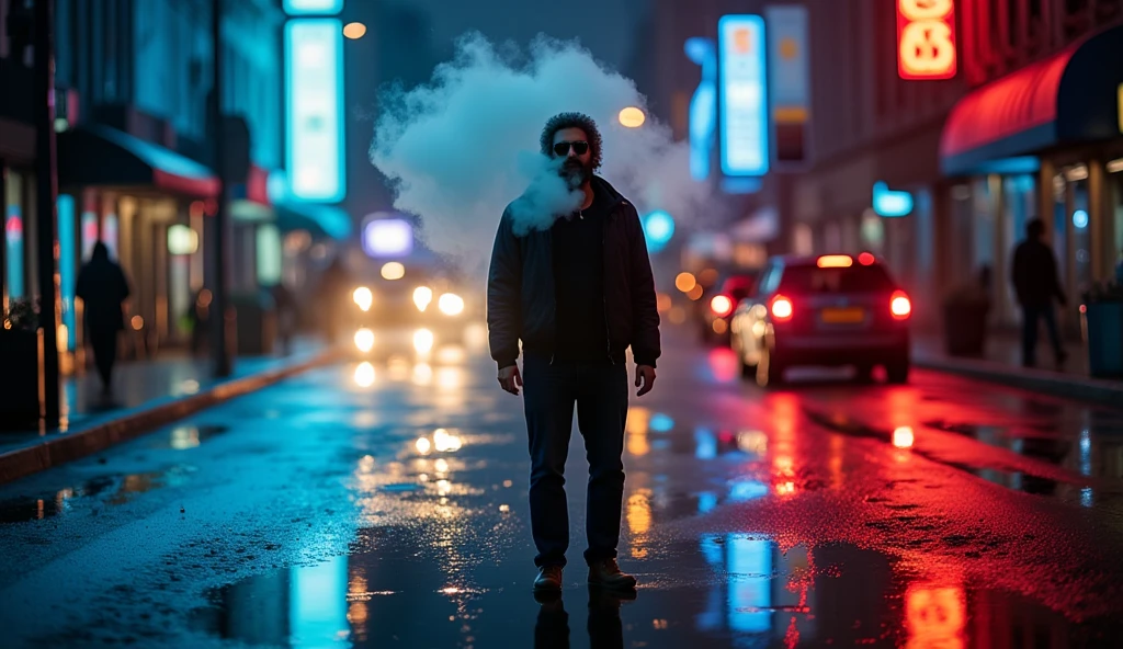 ((masterpiece)) ((photography)) ((Highest quality)) A bearded man wearing sunglasses stands in a wet street after a heavy rainstorm. A large puddle of water forms on the ground in front of him. ((The man exhales a thick cloud of vapor)), with ((smoke visibly coming from his mouth)). Reflections of car lights and the man's silhouette shimmer on the surface of the puddle, adding a moody and atmospheric vibe to the scene. The rain has left the street glossy, with the lights casting colorful reflections across the wet pavement.