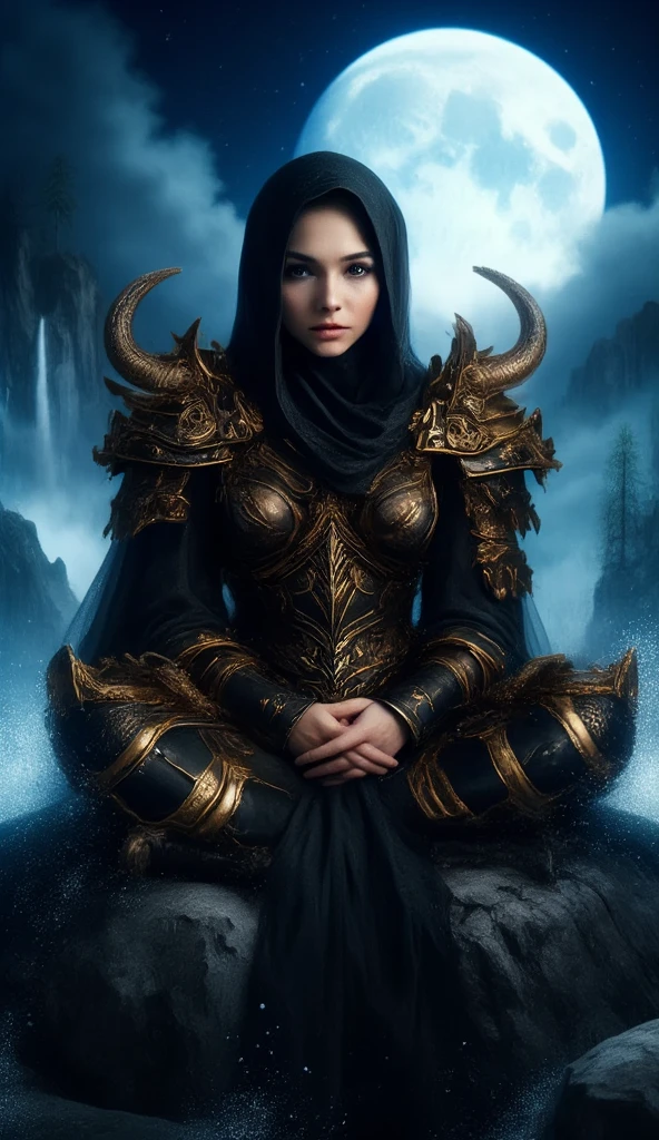 A young woman in fantasy warrior attire with highly detailed gold and black robes, sitting cross-legged on a large rock, wearing a black hijab that harmonizes with her ornate armor, creating a unique blend of strength and softness. Her warm, gentle expression contrasts with the magnificent armor, which is decorated with intricate golden patterns and elegant curves, with large ornamental shoulder pieces resembling horns or wings. To her left, her body appears to be fading into small particles, giving the impression of disappearance or transformation. The background depicts a nighttime landscape with a large full moon in the sky, surrounded by polygonal cliffs and artistic-style trees, creating a magical and epic atmosphere of mystery.
(best quality,4k,8k,highres,masterpiece:1.2),ultra-detailed,(realistic,photorealistic,photo-realistic:1.37),1girl,beautiful detailed eyes,beautiful detailed lips,extremely detailed eyes and face,long eyelashes,fantasy warrior,gold and black robed armor,black hijab,sitting cross-legged,large rock,fading particles,full moon,polygonal cliffs,artistic trees,fantasy,epic,magical,warm expression,ornate armor,intricate golden patterns,elegant curves,ornamental shoulders,photorealistic,cinematic lighting,dramatic composition