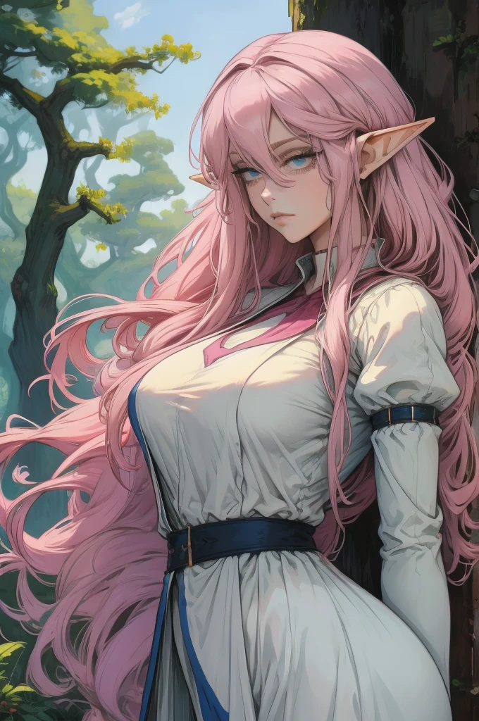 Woman elf long pink hair blue eyes medium breast forest white dress