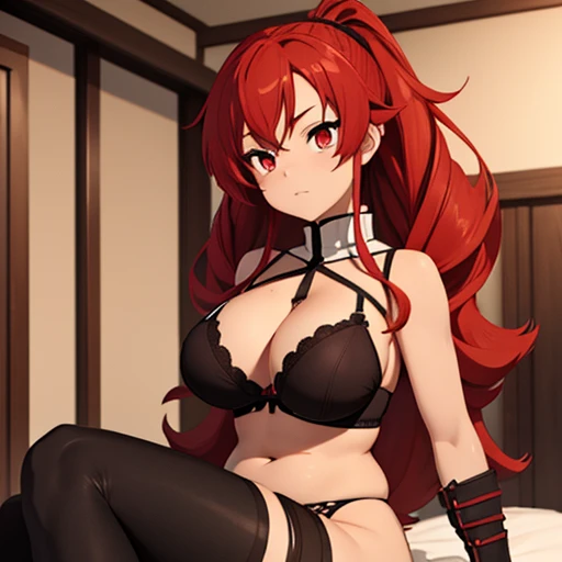 Eris Boreas big haired redhead red eyes medium tits thick legs black thighs panties and black bra tearing through the bedroom door thick thighs a sarada belly sexy in 3D