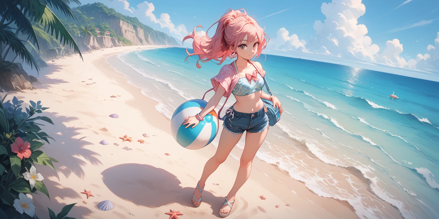 Masterpeace, Best Quality, 1 Woman, 28 Years Old, (Floral Panties), Bright Colors, Volumetric Lighting, Best Shadows, Shallow Depth of Field, (Top Quality, Amazing Details: 1.25), Brilliant Colorful Paintings, Nature, Picnic, Beach, Sea, Mountains, Volleyball, Backpack, Ice Cream