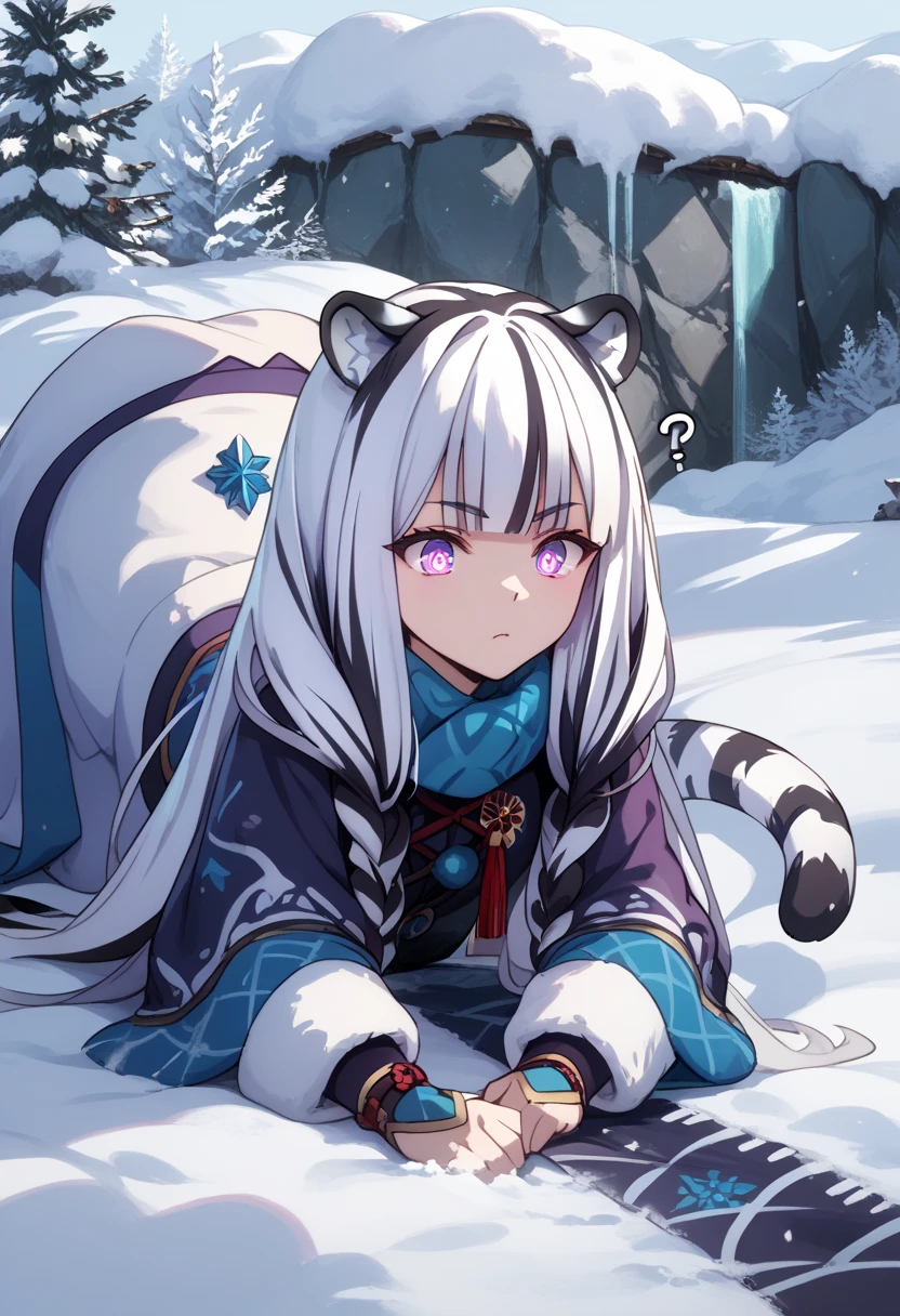 ((masterpiece)), 1girl, solo, long hair, white tiger ears, white tiger tail, open eyes, purple eyes, glowing eyes, buried in snow, only head poking out of snow, white hair, black hair, multicolored hair, confused, full body under snow.