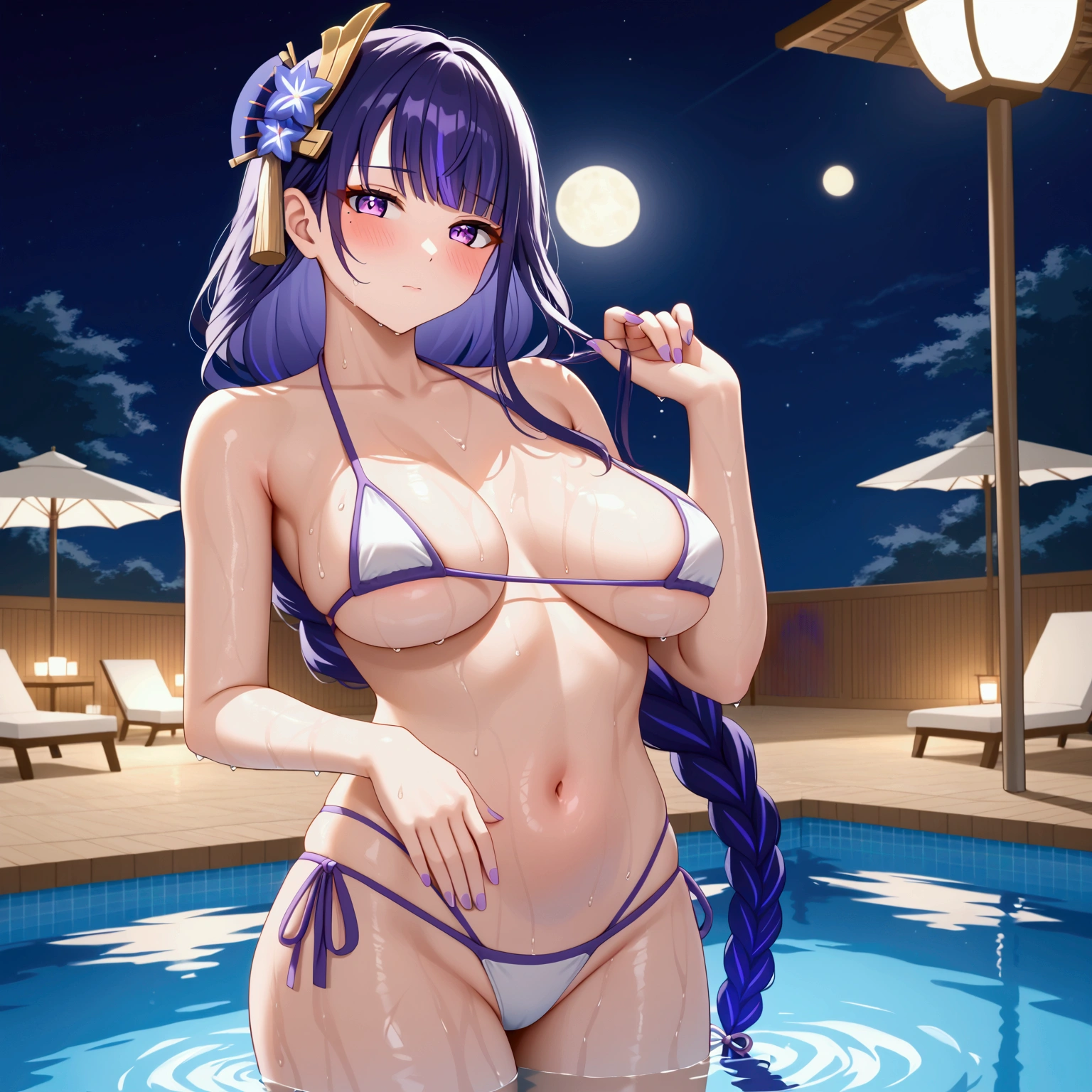 raiden_shogun_ckxl, long hair,streaked hair,two-tone hair,sidelocks,hair ornament,highres,blunt bangs, low ponytail,  Bikini Swimwear, sexy pose, blush, shy, Pose seductively, Posing provocatively, Wet body, pool, night, looking at viewer, Body tingling, micro bikini,