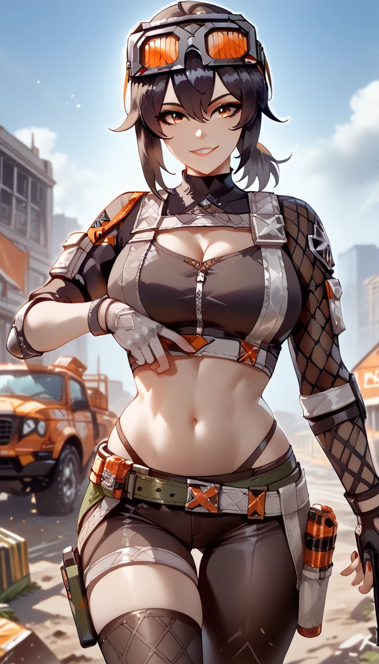 ultra-detailed, 1girl, grace, Zenless Zone Zero, (best quality), ((masterpiece)), (highres), 16K, orange eyes, perfect face, short hair, black hair, low ponytail, ahoge, goggles on head, wearing black crop top, wearing black leggings, thong, thigh straps, knee pads, holster, asymmetrical gloves, belt, busty body, large breasts and a beautiful ass, showcasing cleavage, legs, hips, (holding assault rifle), looking at viewer, smile, detailed body, thigh details, construction site background