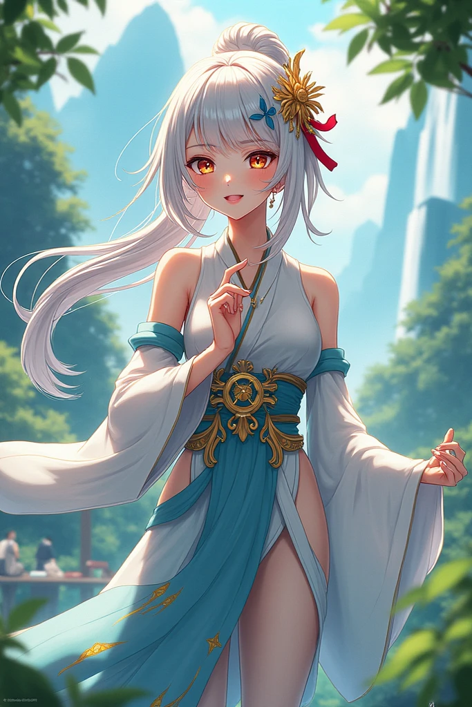 Magnificent View、Floating Island、Hanging Garden、Outdoor、Vision、anime、High definition、Miko costume、Dancing in a garden full of flowers、Silver Hair（Long Hair、The top of the head is indigo blue、The ends of the hair are red.）、Sapphire Eyes