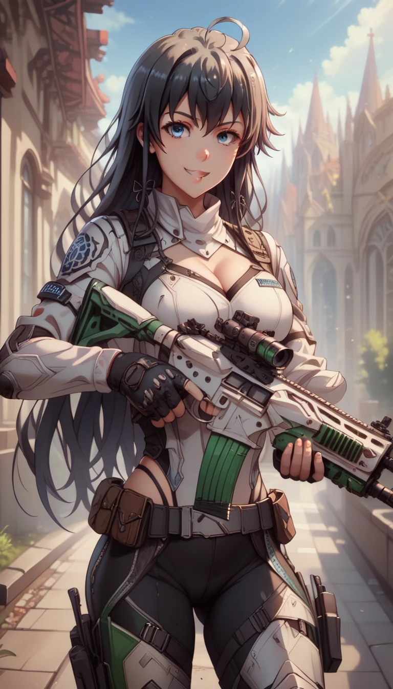 ultra-detailed, 1girl, yukino yukinoshita, (masterpiece)), (best quality), (highres), 16K, black hair, blue eyes, long hair, ahoge, wearing tactical clothes, black thong, tactical belt, knee pads, busty body, large breasts and a beautiful ass, showcasing cleavage, legs, hips, (holding assault rifle), looking at viewer, smile, detailed face, detailed hair, detailed body, streets background