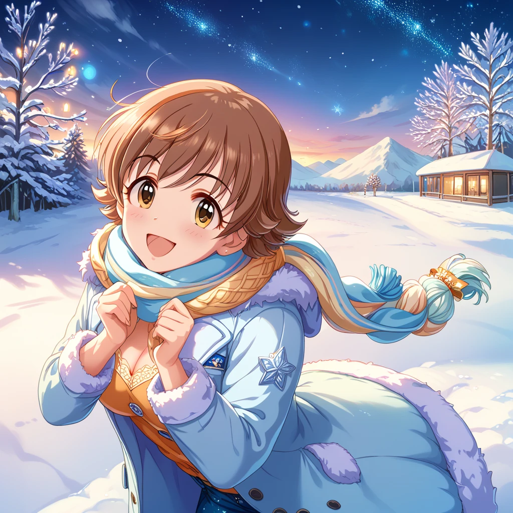 A lively and cheerful young woman, Honda Mio, stands under a breathtaking winter sky, her arms spread wide as she gazes upward at the twinkling stars. Her brown hair is gently tousled by a soft winter breeze, and her expression is one of pure wonder and joy. She wears a warm, cozy winter coat with a scarf loosely draped around her neck, and the snow-covered ground around her is bathed in the soft glow of the starry night. The air is crisp, and the vastness of the clear, starry sky stretches endlessly above her, creating a serene yet exhilarating contrast with her vibrant, energetic presence. The scene is filled with a sense of awe and peace, as the stars shine brightly in the cold, winter night.
