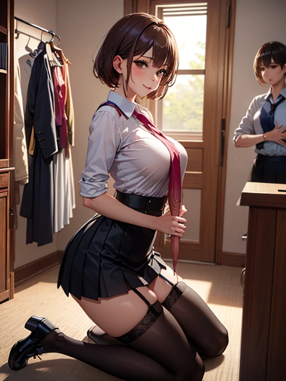 (( best quality)), ((  Masterpiece )), (  Details), 1 person,Age 25,uniform,student,( Mini Skirt),( Please open the shirt), Shoulder Bear, red cheeks , underbust pose,(I can see your chest),( excited expression),(Seduce),  knight ,circuit,Dim lighting,(暗い  knight の背景),(Dimly lit changing room),(Dirty changing room),  Let's take a closer look , sexy,Side View,Obese older people,(Standing old man),(Woman kneeling in front of an old man),(An old man is showing off his penis in front of a woman),(Woman sticking tongue out at penis),sweat,( black garter belt), shorthair,Side View