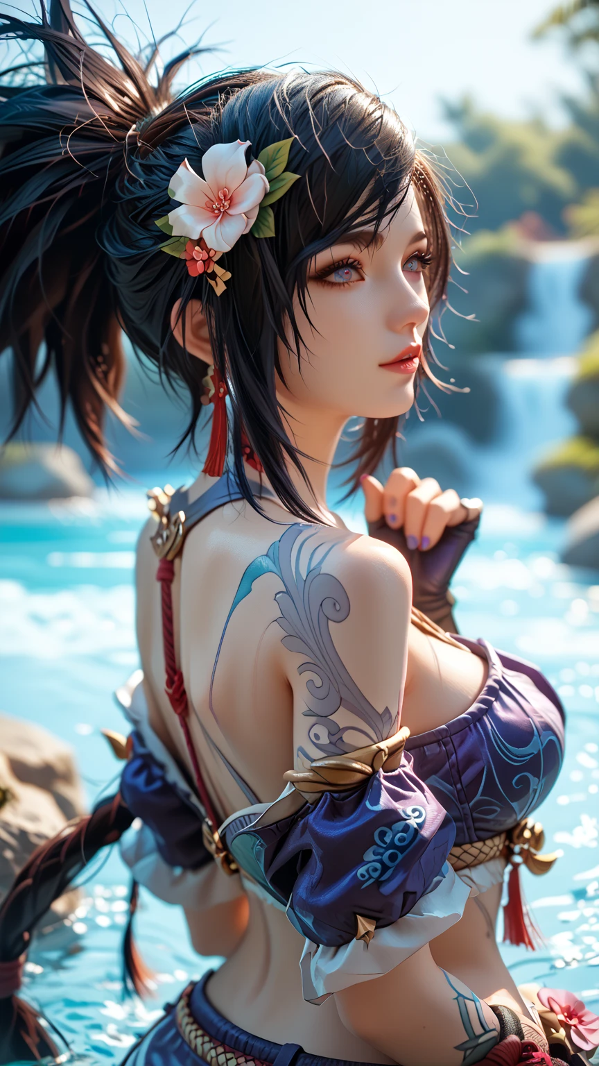 8k, best quality, masterpiece, colourful, sinder, sinder, looking at viewer, 1girl, cinnamon eyes, detailed eyes, wolf girl, medium long hair, white streaked hair+swept bangs and sidelocks, fiery wolf ears and flame-tipped wolf tail, orange tail, ear piercing, bare shoulders, cleavage, collarbone, perfect anatomy, attractive anatomy, slim waist, wide hips, confident, detailed face, black off-shoulder shirt, with a black bow, (spiked belt, spiked bracelet, spiked choker, spiked collar:1.3), nails, black nail polish, black pencil skirt+skirt slit, thighs, asymmetrical legwear:fishnets thighhighs+black thigh thighs, thigh strap together:-1.0, black boots, emo boots, artstation, trending on Instagram, HD, choker, knees going out of frame ,lying down on side, leaning on 1 arm, on hip laying pose, side view of character, head up, on a japanese style mat, in a fantasy world, awesome view, detailed background, 4k background, colourful image, in a temple, fantasy wold in background, symtrical background, wolf spirit guardian behind the woman, powerful guardian.
