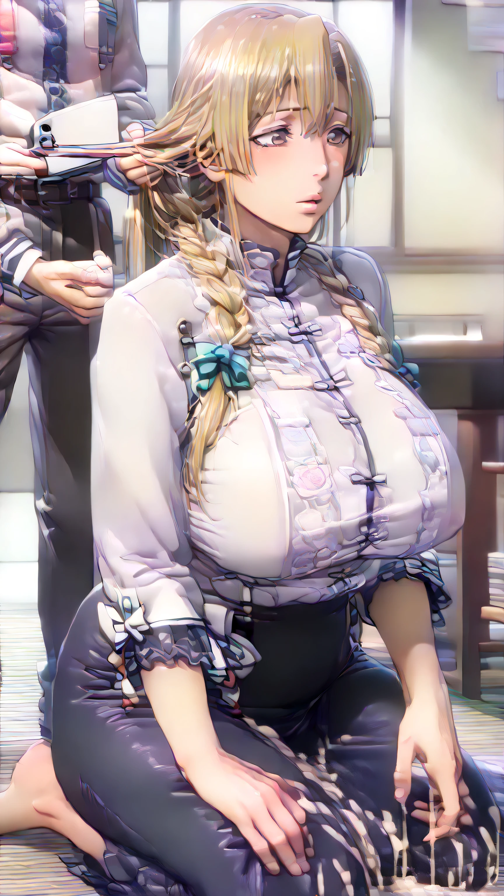  score_9,  score_8_up,  score_7_up,  score_6_up,  score_5_up,  score_4_up,  source_anime, tag1,  tag2, quality_  Masterpiece ,  Anatomically Correct , ((( big breasts with unmeasurable bust size：1.85))),  Wide Hips  , Gargantuan butt ,  thick thighs , function, mature mature , mature mature , maternal,  attractive ,  long hair,  blonde hair,  braided  , Pictures of  attractive Japanese women with good eyes , 、Kneeling Girl、 Improve, Black women,  plump lips  , Thick lips， Targeted by sexual desire  ,  Harassment, 、Shameless , semen , Semen dripping from my whole body , Teacher says 、  cute miniskirt and white shirt 、Big Breasts、 Side-side slit, was done,  I can't measure her bust size 、 Stroking a woman's hair  , , Lower your head ,( Lower your head,  Details of his face and environment  ,  Details of clothes and accessories  , Mouth with semen  , Dry environment and  , Unconscious sexual activity ,  man exposes his extra thick penis ，((My whole body is wet in semen:1.95))